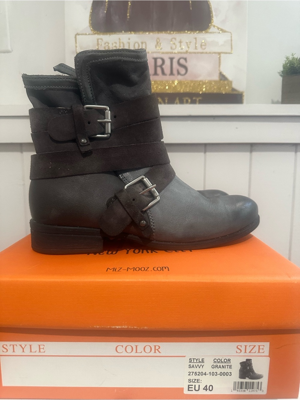 Miz Mooz Gray and Dark Brown Leather & Suede Buckle Ankle Booties